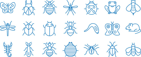 Insects outline icons set, including icons such as Ant, Bed bugs, Bees, Cockroach, Dragonfly, and more. Vector icon collection
