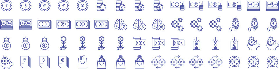 Money investment outline icons set, including icons such as Coins, Dollar, exchange, Funding, Mobile,, and more. Vector icon collection - obrazy, fototapety, plakaty