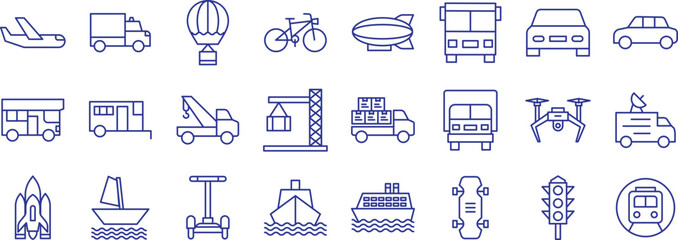 Vehicles outline icons set, including icons such as Ambulance, Balloon, Bicycle, Blimp, Bus, and more. Vector icon collection