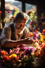 Vendor arranging bundles of freshly cut flowers in a colorful and inviting display, Generative AI