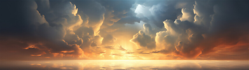 dramatic sky with Cumulonimbus clouds and ray of light from the sun in sunset, hyper realistic,...