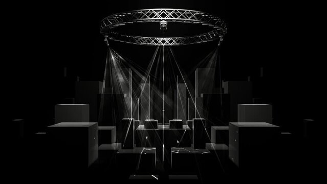 Abstract room with dark boxes structure, lasers light effects shining on top from a circular truss, seamless VJ Loop