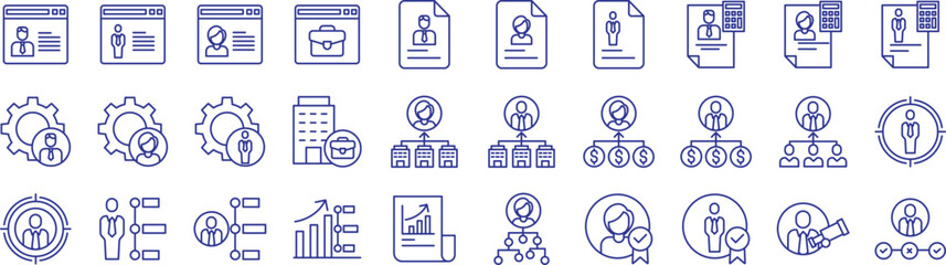 Leadership outline icons set, including icons such as Business, Asset, Value, Profile, Timeline, boss, and more. Vector icon collection