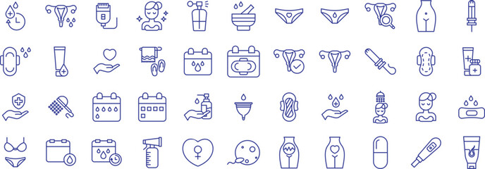 Feminine Hygiene outline icons set, including icons such as Clean, Health, Hygiene, Period Care, Pill, and more. Vector icon collection