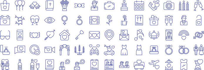 Wedding outline icons set, including icons such as Bag, Ballon, Bed, Book, Bride, Bouquet, Decoration, and more. Vector icon collection