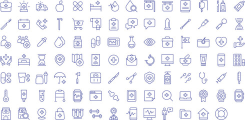 Medical outline icons set, including icons such as Aid, Badge, Bag, Bed, Cane, Call, Cotton Swab, and more. Vector icon collection