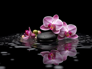Spa stones and rose petals in water, closeup. Zen lifestyle