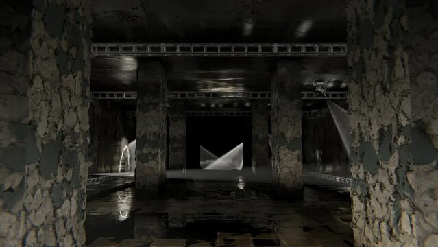 Grungy hall with spotlights shining from the sides, driving camera, concrete columns, seamless VJ Loop