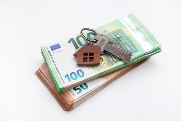Real estate investing concept. Euro bills. Keys close-up