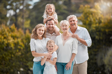 Portrait of big family in park with smile, grandparents and parents with kids together in backyard. Nature, happiness and men, women and children in garden with love, support and outdoor bonding.