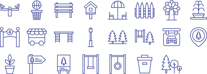 Park outline icons set, including icons such as Balancer, Bench, Fence, Fountain, and more. Vector icon collection