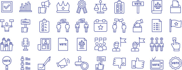 Election campaign and voting outline icons set, including icons such as Accept, Balance, Analysis, Checklist, Communication, Microphone, Pick, , and more. Vector icon collection