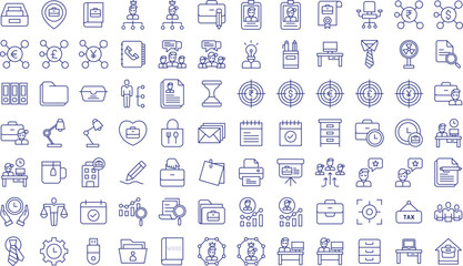 Office worker outline icons set, including icons such as Account, Book, Briefcase, Boss, Convention, Chair, Dress Code,, and more. Vector icon collection