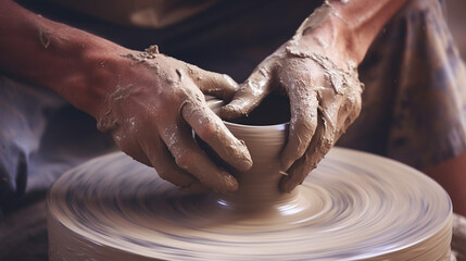 Sculptor creates a vase on a pottery wheel. 
