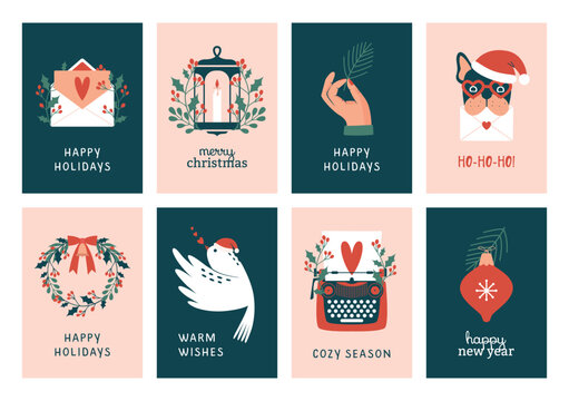 Collection of christmas, new year cards with cute illustrations of typewriter, winter plants, wreath, pigeon, post, french bulldog, santa's hat, lantern, hand with pine branch. For banner, invitation.