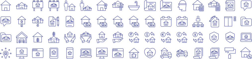 Property and real estate outline icons set, including icons such as Award, Bath tub, Broker, Chat, Builder, and more. Vector icon collection