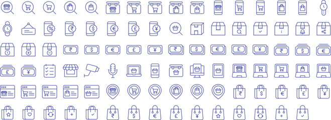 Online shopping outline icons set, including icons such as Bag, Cash, Dollar, Euro, Pound, Rupees, Yen, Computer, , and more. Vector icon collection