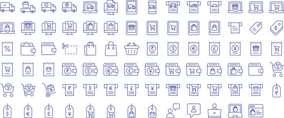 Online shopping outline icons set, including icons such as Bag, Delivery Truck, Customer chat,, and more. Vector icon collection