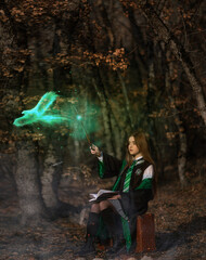 young sorceress in the forest. patronus spell. Slytherin