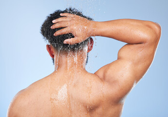 Man, shower back and hair care in studio with water splash, hygiene or muscle by blue background. Person, guy and cleaning with drop, wellness and health for skin, natural and dermatology for body