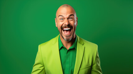 Ecstatic 42 years old male teacher, grinning, wearing a Bright solid green dress