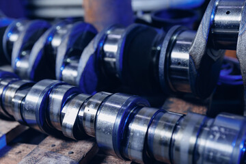 Fototapeta premium Concept Truck repair fix center. Diesel engine parts are in warehouse