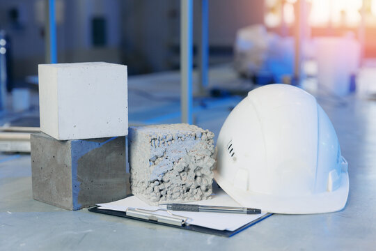 Concept banner industry lab for testing building materials. Controls quality of concrete cube in laboratory