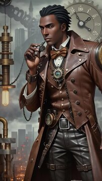 Dark Skinned Steampunk Man in City. Generative AI. A video of  an imaginary animated morphing dark skinned man in steampunk attire.