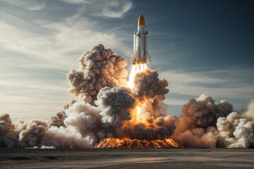 Launching a ballistic missile from the ground with smoke and fire against a blue sky background. - obrazy, fototapety, plakaty