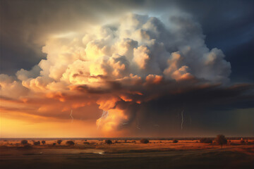 dramatic sky with Cumulonimbus clouds and ray of light from the sun in sunset, hyper realistic, dramatic light and shadows,