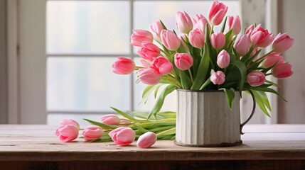Blooms in Rustic Charm: Elevate your floral stock photos with a stylish arrangement of pink tulips in a farmhouse setting.