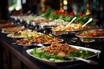 Catering buffet food on a long table in a hotel restaurant - obrazy, fototapety, plakaty