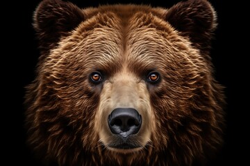 Obraz premium Front view of brown bear isolated on black background. Portrait of Kamchatka bear (Ursus arctos beringianus)