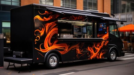 a stylish black food truck, serving delectable burgers and Asian cuisine against the backdrop of a bustling street food festival. - obrazy, fototapety, plakaty