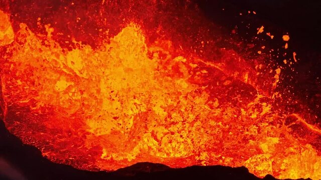Aerial Panoramic footage of Litli-Hr&uacute;tur Volcano Eruption. Iceland 28.7.2023., Fagradalsfjall. Drone footage, Lava is Exploding and Spreading out of Crater.