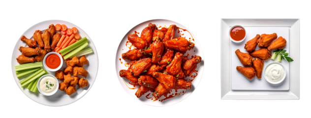 Set of buffalo wings on plate, shot from top down view, Isolated cutout on transparent background  isolated on transparent background