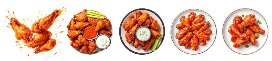 Set of buffalo wings on plate, shot from top down view, Isolated cutout on transparent background ...
