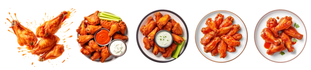 Keuken spatwand met foto Set of buffalo wings on plate, shot from top down view, Isolated cutout on transparent background  isolated on transparent background © innluga