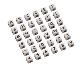 White dice with alphabet and numbers
