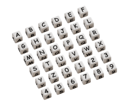 White dice with alphabet and numbers