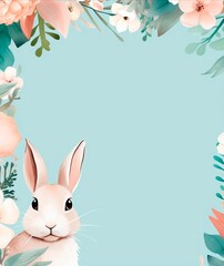 cute little easter bunny  with flowers in a vertical frame, blue background, for spring and summer invitations, card and banners - obrazy, fototapety, plakaty
