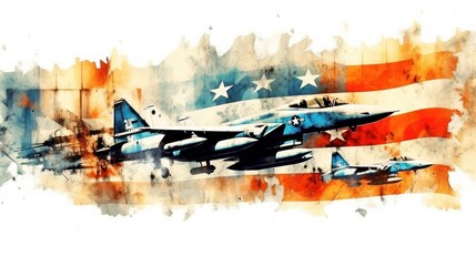 American jet fighter aircraft on the background of the American flag. Patriotism Concept. Air Force Concept.