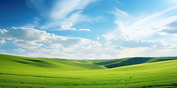 Green grass field agains the blue cloud sky