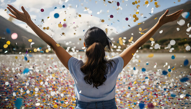 girl opens her arms in a feeling of fullness, confetti falling