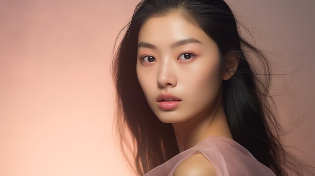 Asian female model with flawless skin is captured in a close-up portrait, her delicate features and radiant complexion highlighted by the pastel color palette of the background