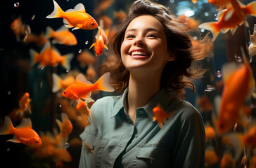 Beautiful Asian woman surrounded by orange fish.