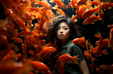Beautiful Asian woman surrounded by orange fish.