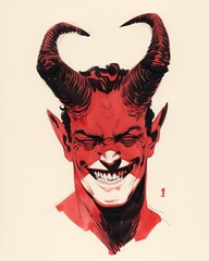 Red drawing of a male demon smilling