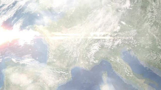 Zoom in from space and focus on Macon, France. 3D Animation. Background for travel intro. Elements of this image furnished by NASA