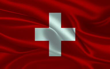 Fototapeta premium 3d waving realistic silk national flag of Switzerland. Happy national day Switzerland flag background. close up